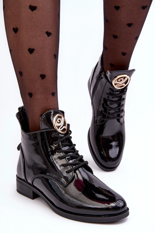 Lakierowane Półbuty Damskie Z Ozdobą Czarne Attiame