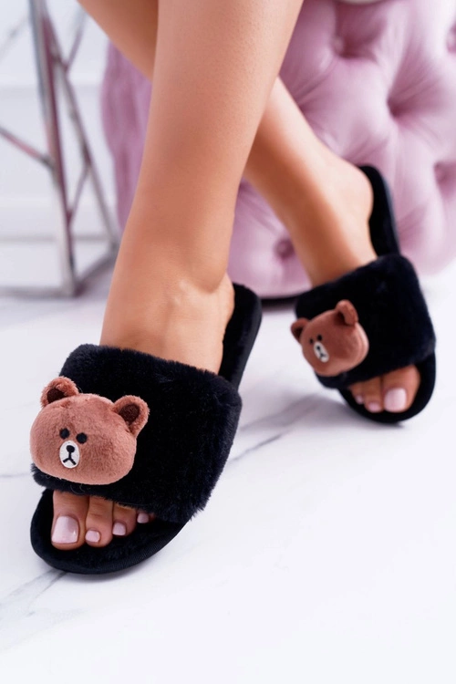 Lu Boo Damskie Czarne Pluszowe Klapki Z Misiem Teddy