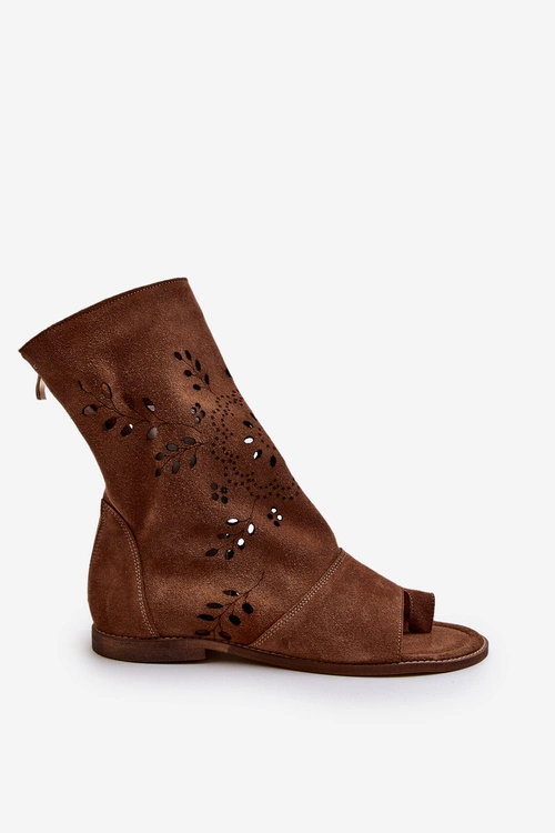 Zazoo 3437 Damskie Zamszowe Sandały Z Cholewką Na Zamek Brązowe