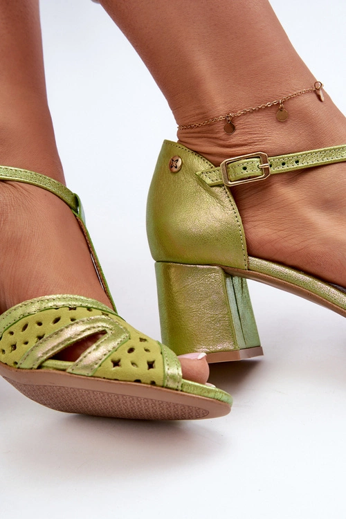 Sandały Skórzane Damskie Na Obcasie Maciejka 06551-09 Limonkowe