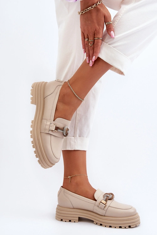 Skórzane Mokasyny Damskie Z Ozdobą Laura Messi 2780 Beżowe