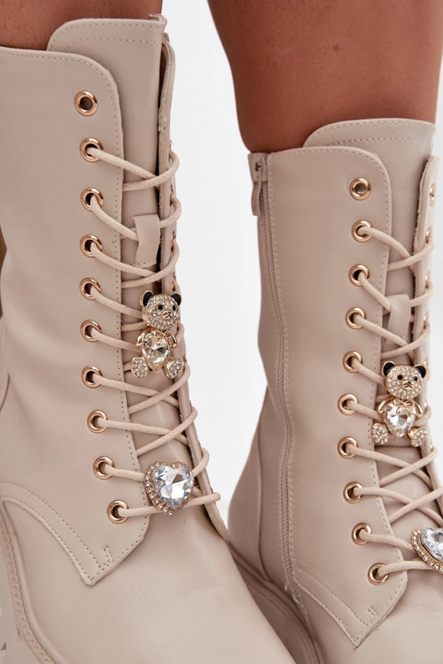 Botki Workery Damskie Z Przypinkami Miś Serce Beżowe Iravine