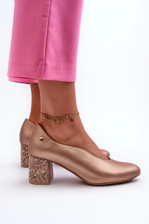 Eleganckie Skórzane Czółenka Na Słupku Maciejka 06422-25 Złote