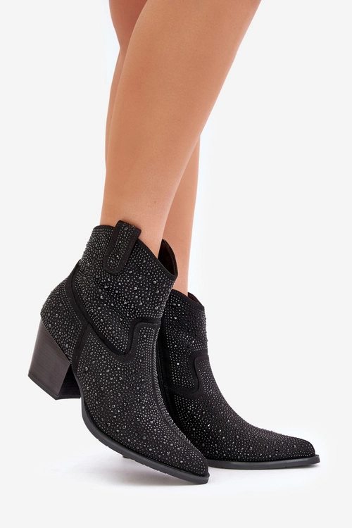 Zdobione Botki Kowbojki Na Obcasie Z Noskami W Szpic S.Barski HY42-121 Czarne