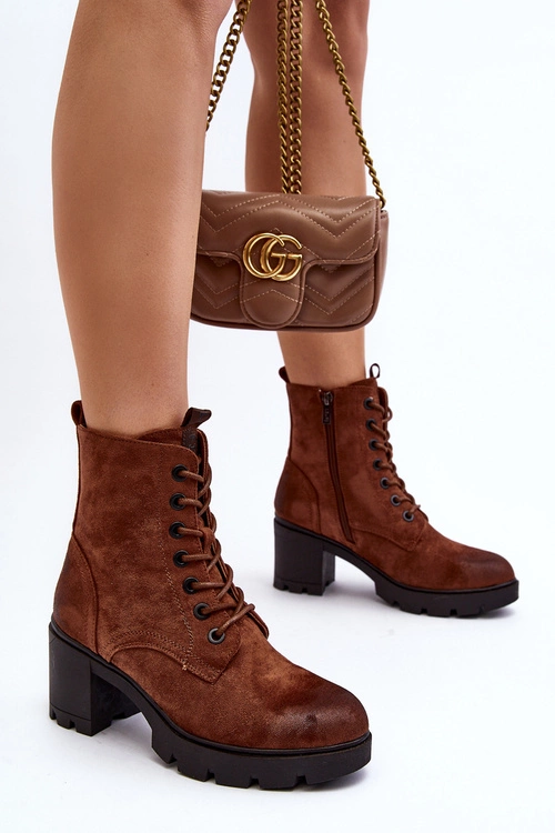 Damskie Botki Sznurowane Na Obcasie Brązowe Lunielle