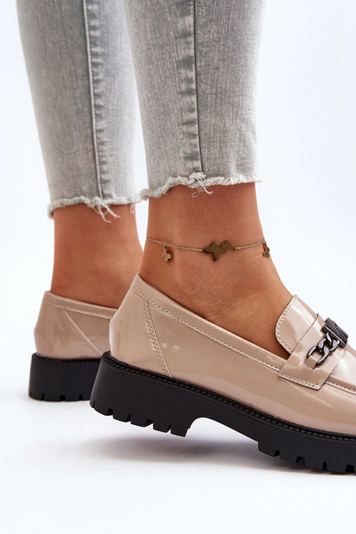 Mokasyny Lakierowane Damskie Na Płaskim Obcasie Beżowe Ezoma