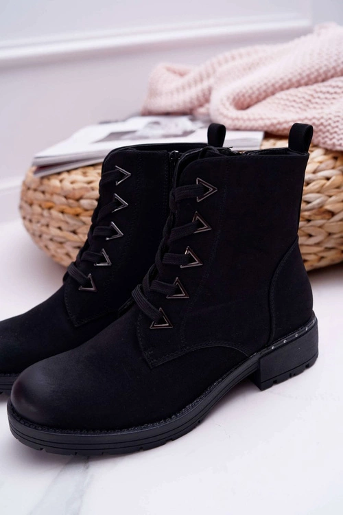 Botki Damskie Płaski Obcas Nubuk Czarne Sergio Leone TR718