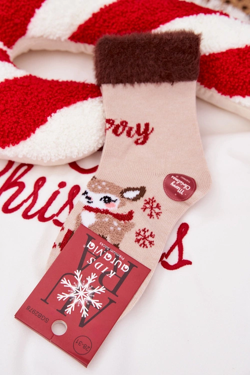 Skarpetki Świąteczne Dziecięce Z Futerkiem I Reniferem Wełna Alpaka Beżowe