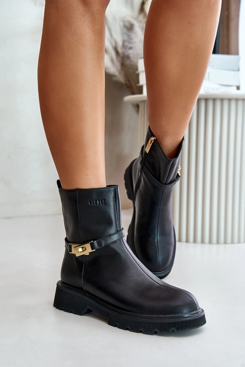 Skórzane Botki Damskie Z Paskiem Ocieplane GOE OO2N4150 Czarne