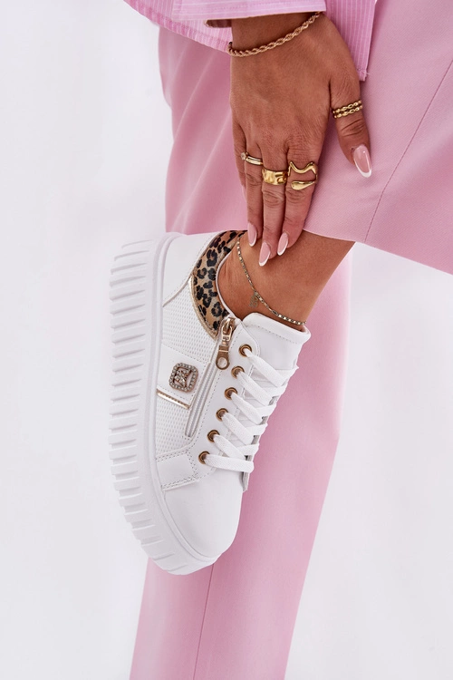 Buty Sportowe Damskie Na Platformie Z Eko Skóry Panterka Białe Velionna