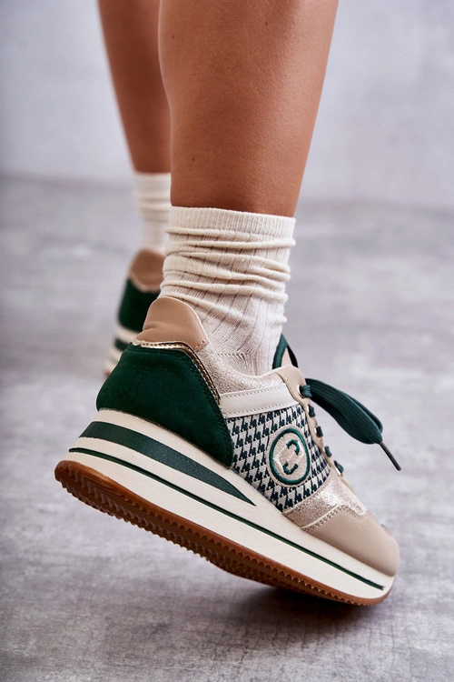 Modne Buty Sportowe Damskie Na Koturnie Beżowo-Zielone Aronne