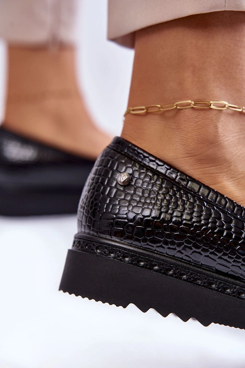 Lakierowane Mokasyny Krokodyli Wzór Na Platformie Czarne Diane