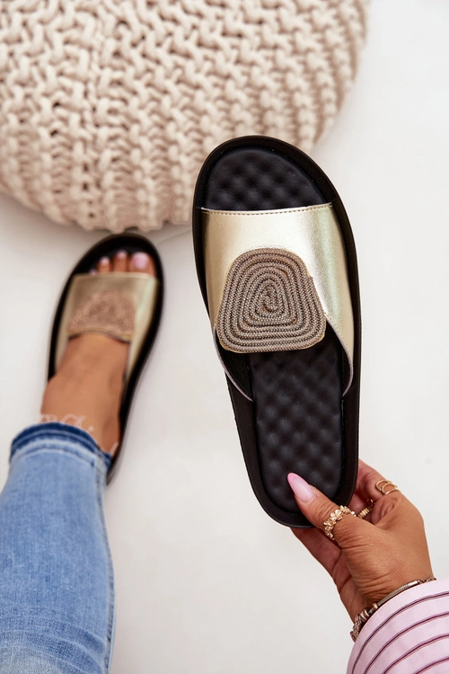 Skórzane Damskie Klapki Z Ozdobą KV51-028 Złote