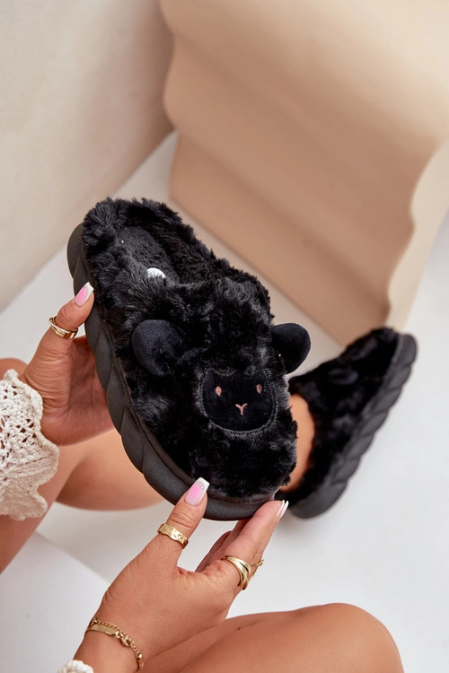 Futrzane Kapcie Damskie Z Motywem Owcy Czarne Phaeia