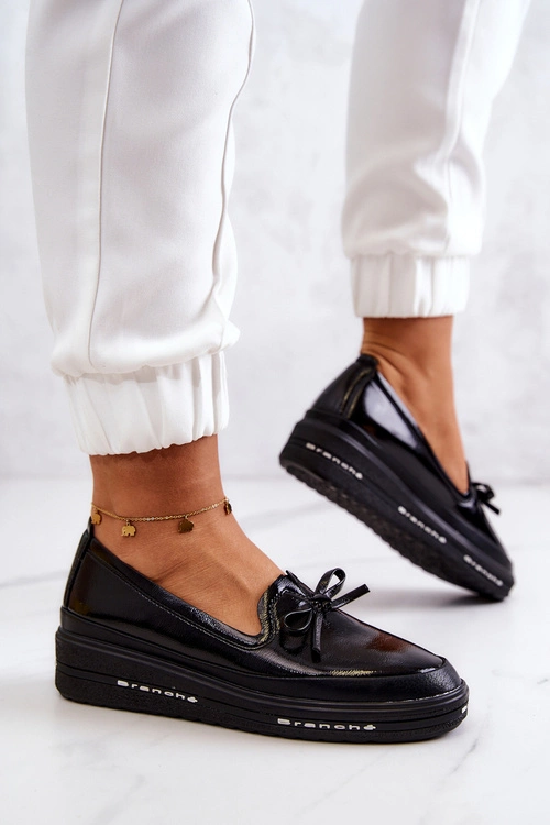 Damskie Lakierowane Mokasyny Na Koturnie Czarne Frilly