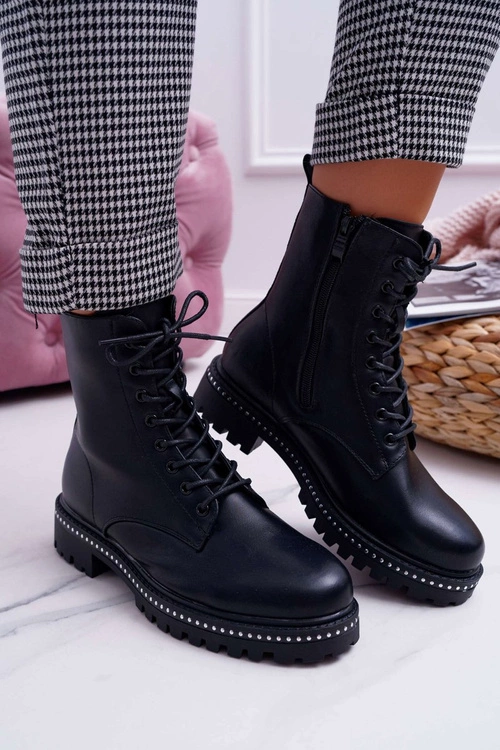 Botki Damskie Płaski Obcas Wysokie Glany Czarne Hippe