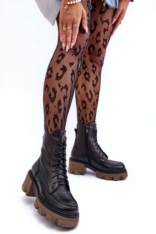 Skórzane Damskie Ocieplane Botki Trapery Czarne Lemar Rehin