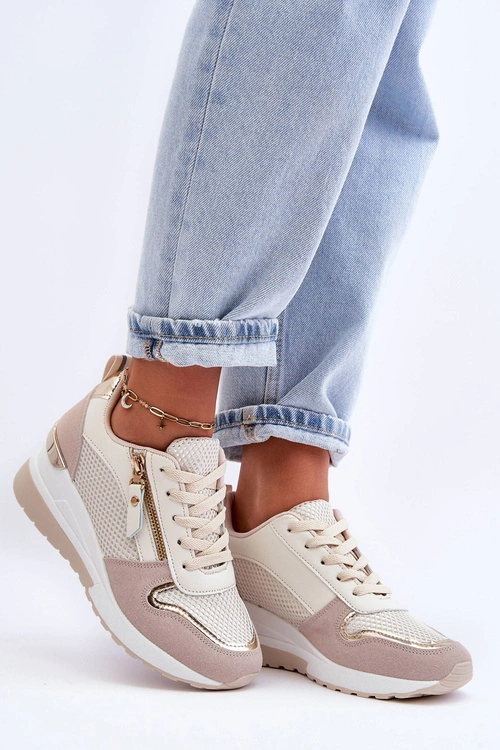 Damskie Sneakersy Na Koturnie Beżowo-Białe Sivan