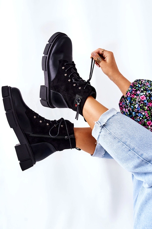 Skórzane Botki Workery Wiązane Czarne Your Way!