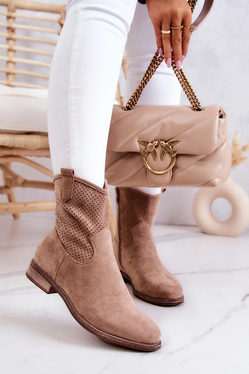 Zamszowe Damskie Ażurowe Botki Beżowe Lemar