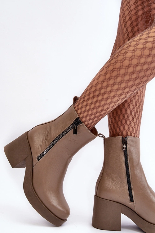Botki Skórzane Na Masywnym Obcasie Z Suwakami Ciemnobeżowe Lemar Littosa