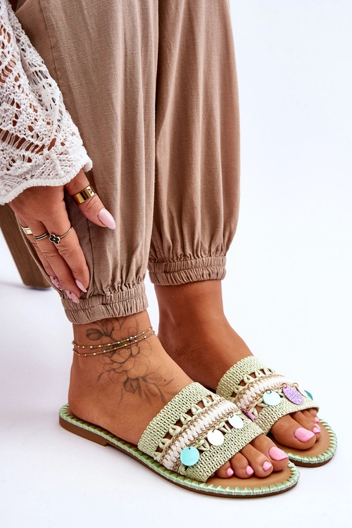 Damskie Plecione Zdobione Klapki Zielone Millano