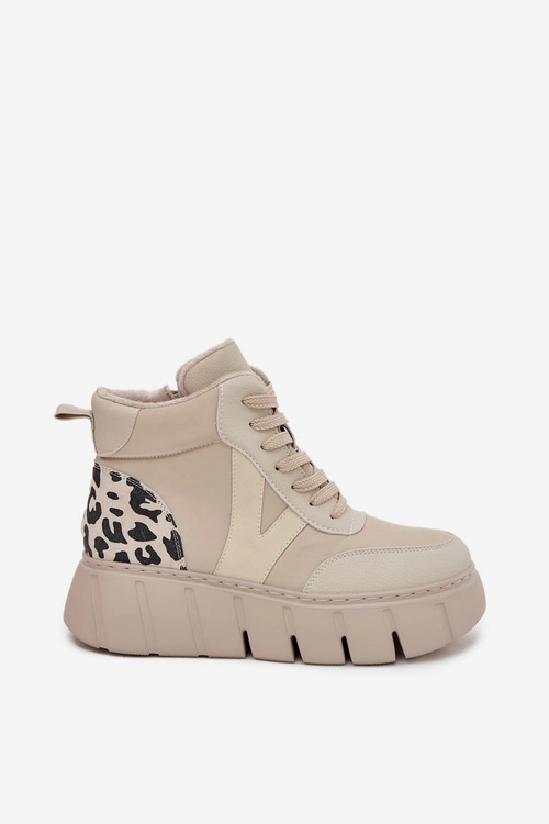 Skórzane Botki Damskie Na Platformie Ocieplane Vinceza 66838 Beżowe