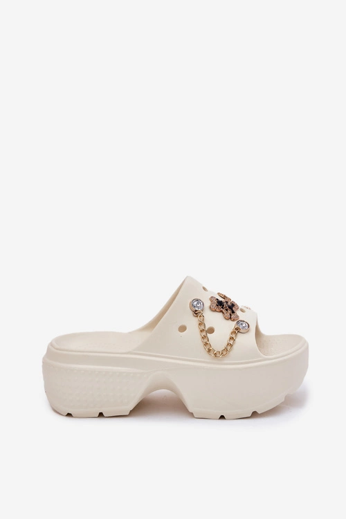Piankowe Klapki Damskie Na Masywnej Platformie Ze Złotymi Przypinkami Ecru Ivoriel