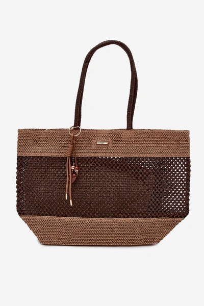 Flora&Co Pleciona Torba Shopper Duża Z Brelokiem Brązowa Lucette