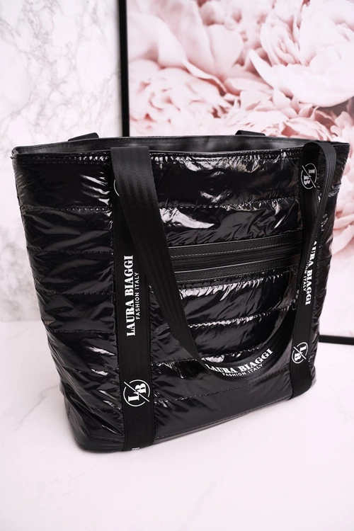 Duża Torba Shopper LAURA BIAGGI Czarna Białe Logo