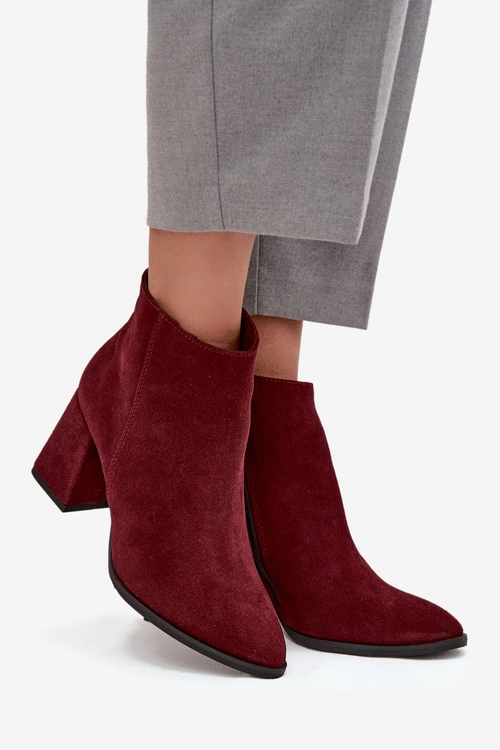 Botki Z Naturalnego Zamszu Obcas Słupek Ocieplane Bordowe Zazoo 3128