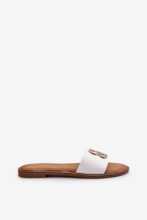 Klapki Damskie Z Ozdobą Eko Skórzane Na Płaskim Obcasie Białe Sadria