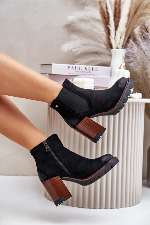 Ocieplane Botki Damskie Na Słupku Z Eko Zamszu Vinceza 58356 Czarne