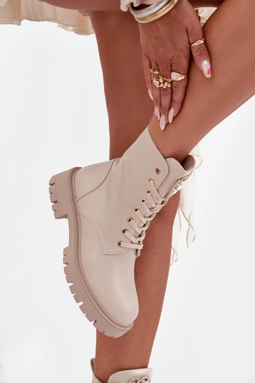 Botki Workery Damskie Z Kryształkami Na Języku Jasnobeżowe Rosira