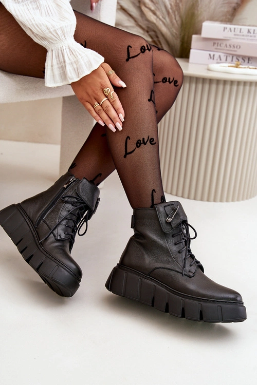 Zazoo 60511 Skórzane Botki Damskie Na Platformie Ocieplane Czarne