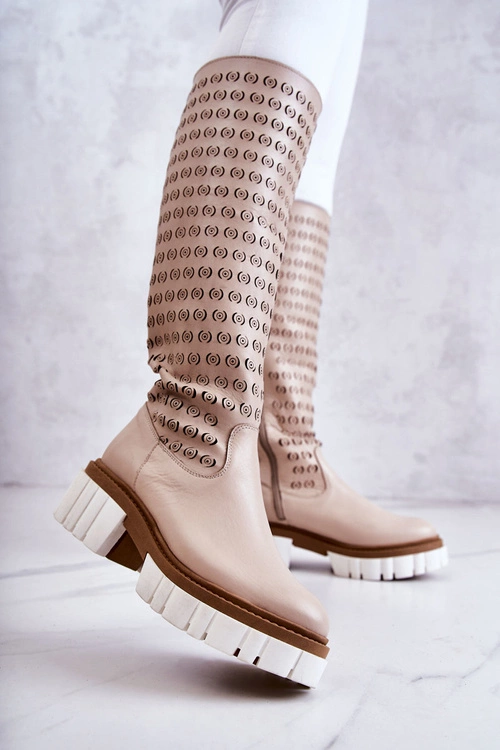 Ażurowe Skórzane Kozaki Na Suwak Beżowe Lativia