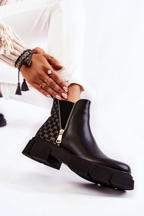 Damskie Botki Skórzane Z Ozdobnym Zamkiem Czarne Lorra