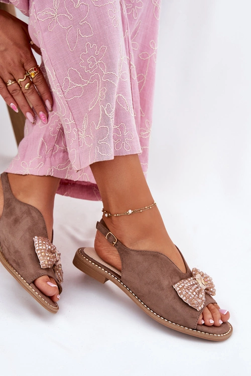 Sandały Damskie Z Kokardą Na Płaskim Obcasie S.Barski KV51-014 Ciemnobeżowe