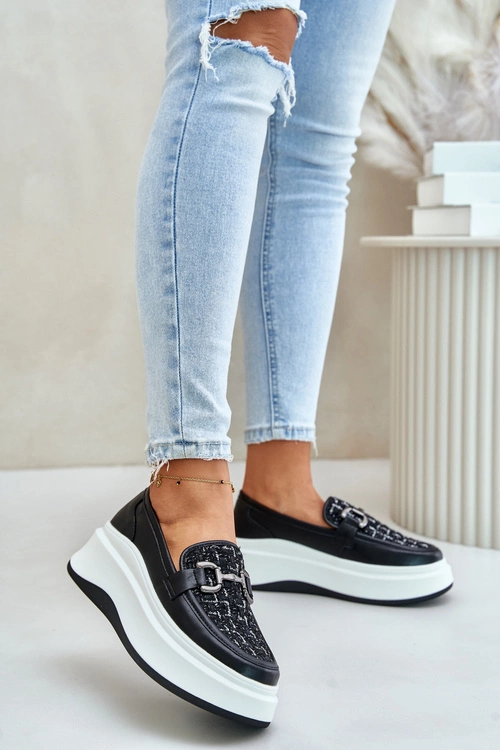 Skórzane Mokasyny Damskie Na Platformie Z Ozdobą Vinceza 89105 Czarne