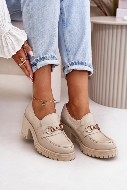 Zazoo 20175 Półbuty Damskie Na Słupku Skóra Naturalna Jasnobeżowe