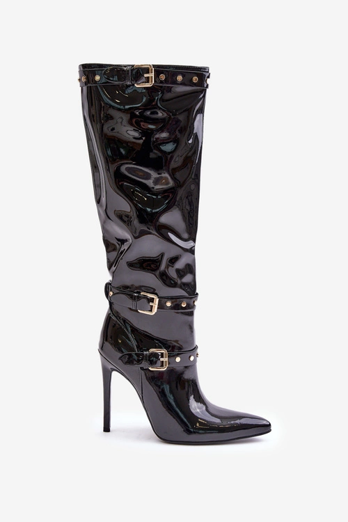 Lakierowane Kozaki Na Szpilce Z Klamrami Czarne Emiraethe