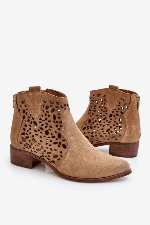 Damskie Ażurowe Botki Lewski Shoes 2909 Ciemnobeżowe