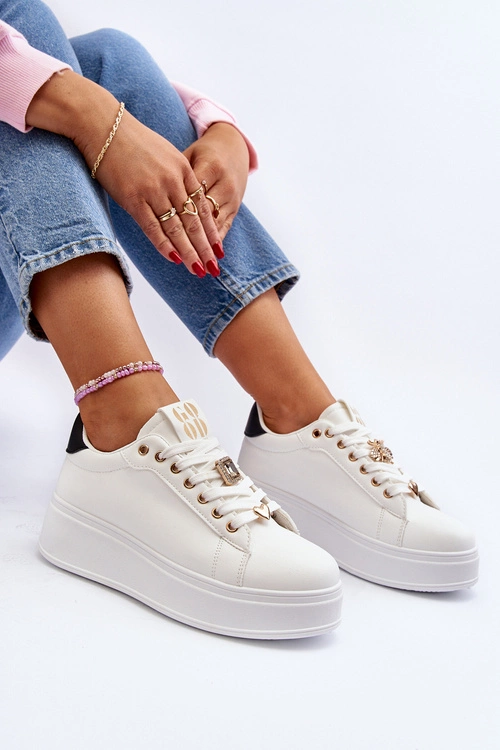 Sneakersy Damskie Na Platformie Z Ozdobami Białe Herbisa