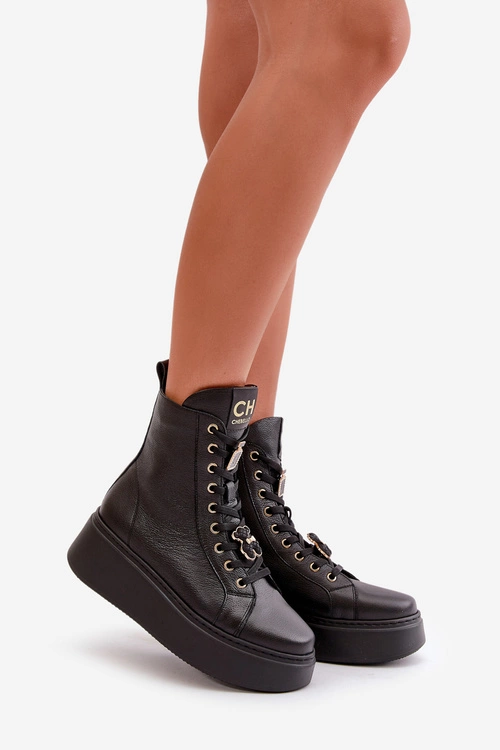 Damskie Skórzane Botki Workery Z Przypinkami Czarne CheBello 4294