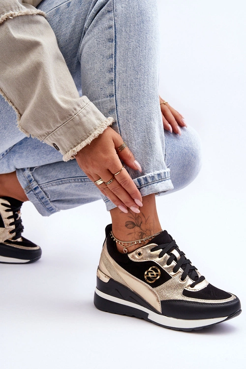 Damskie Sznurowane Buty Sportowe Na Koturnie Czarno-Złote Genova