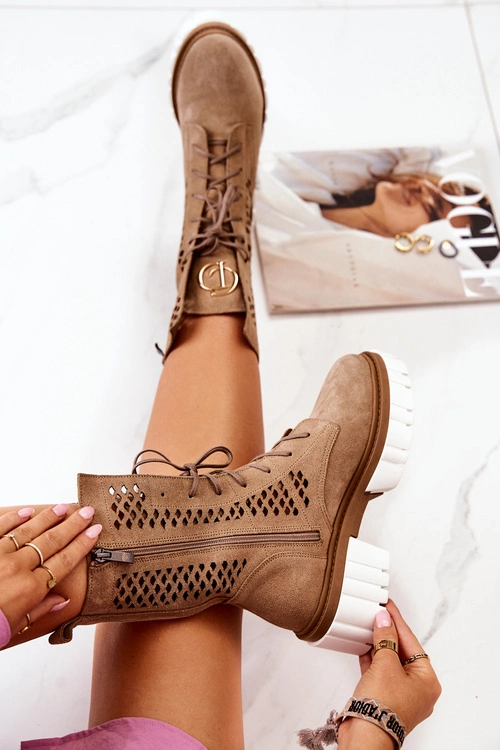 Skórzane Wysokie Botki Workery Nicole Jasnobrązowe 2706