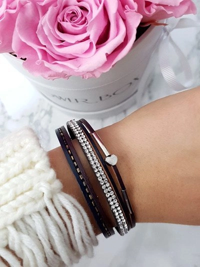 Damska Bransoleta Rzemień Cyrkonie Czarna Michiko