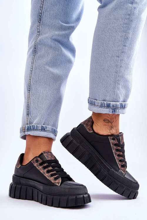 Damskie Skórzane Buty Sportowe Na Platformie Czarne Alison