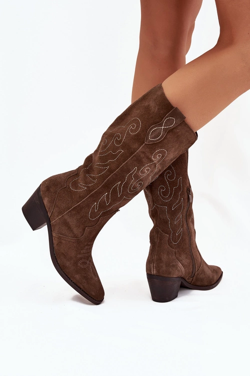 Zamszowe Kozaki Kowbojki Damskie Na Obcasie Brązowe Karira