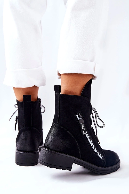 Skórzane Botki Z Ozdobnym Suwakiem Czarne Lomissa